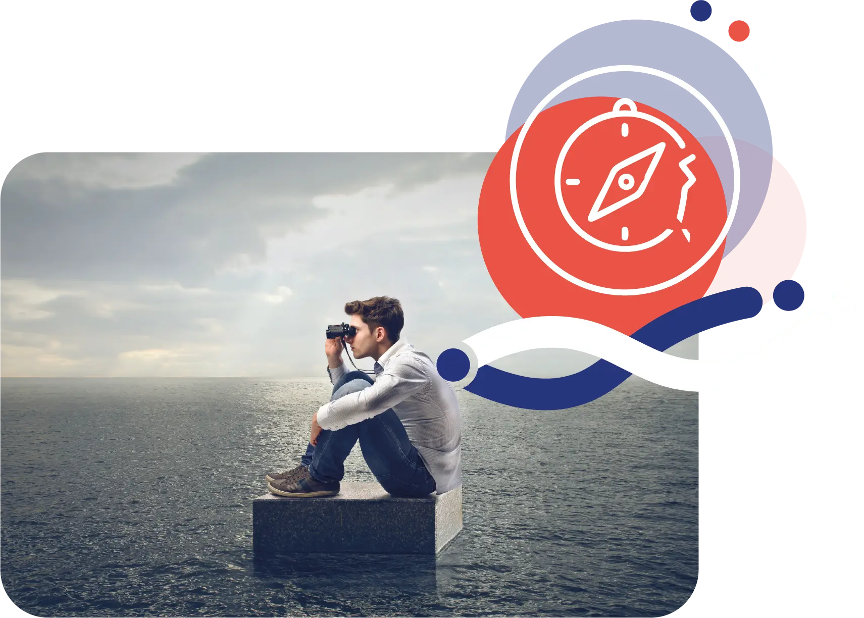 Homme utilisant des jumelles face à l’horizon, symbolisant le rôle du copilote Point M : aider les micro-entrepreneurs du Tarn à trouver la bonne direction et à piloter leur activité sans se perdre dans les chiffres.