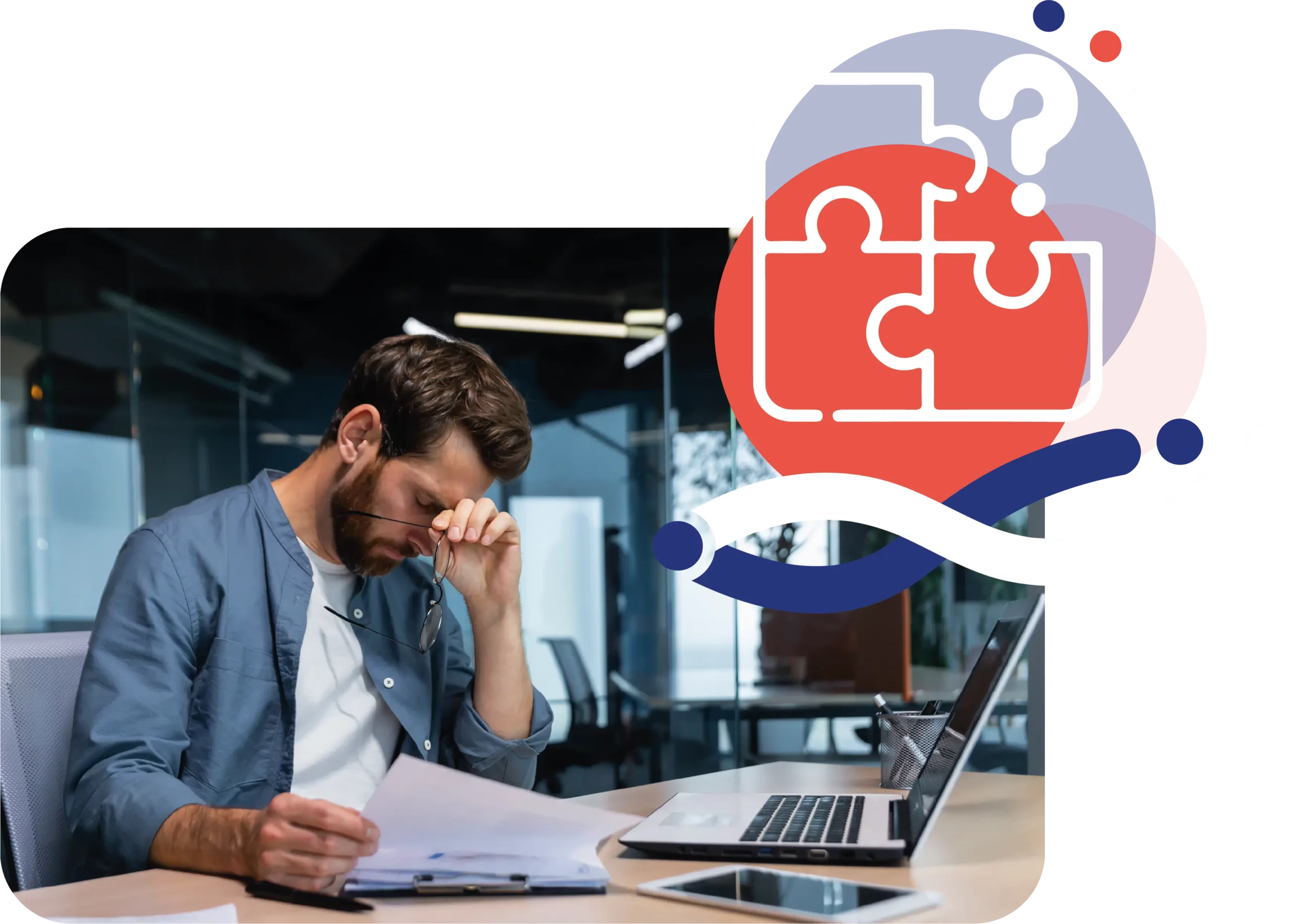 Dirigeant de TPE stressé devant ses documents, illustrant les difficultés de trésorerie, de décisions et de priorités que vivent les entrepreneurs du Tarn, et l’intérêt d’un accompagnement pour retrouver clarté et sérénité.